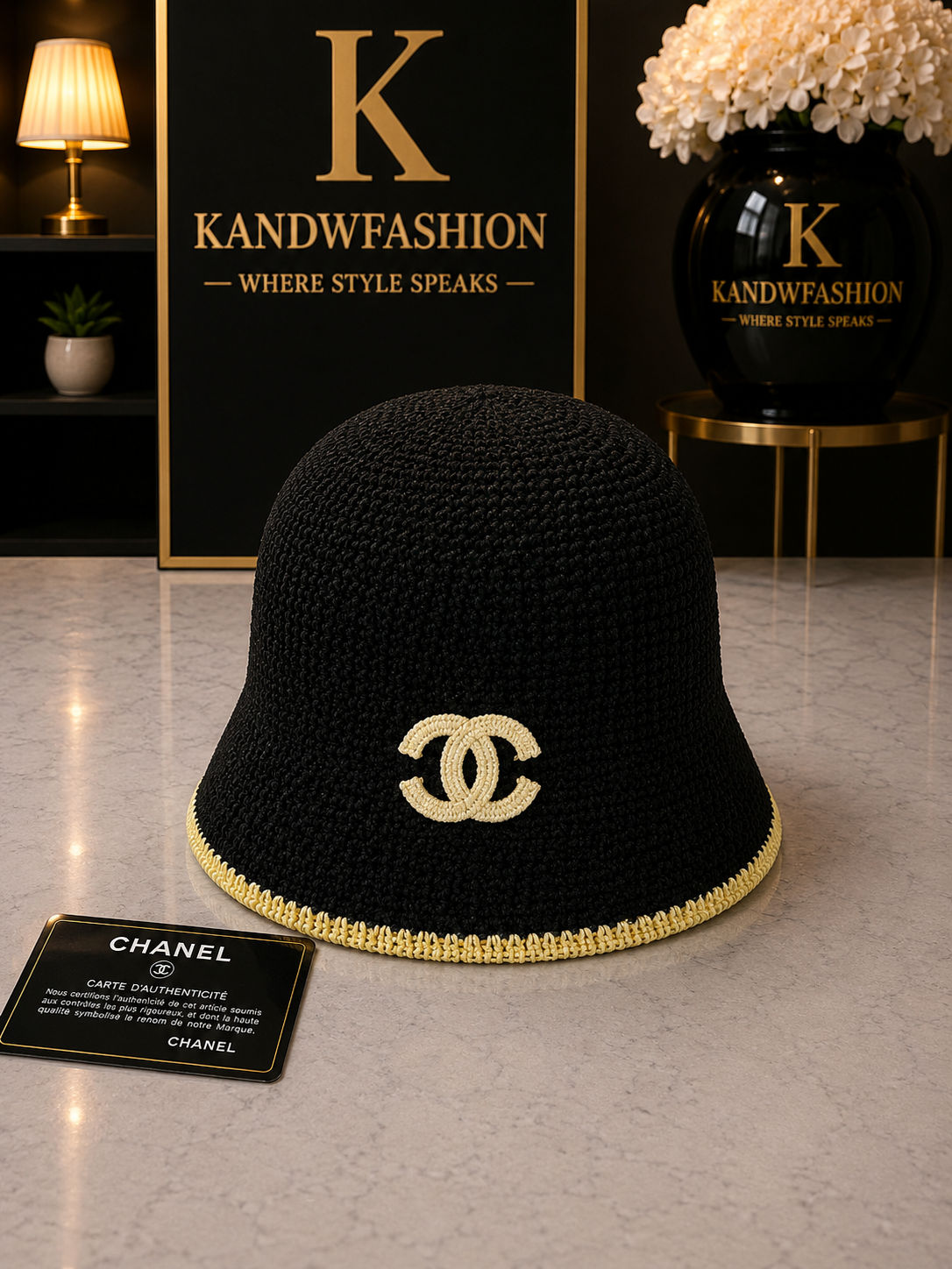 ￼ Knitted black and Tan CC hat bucket, hat
