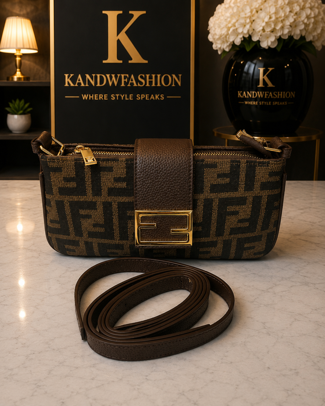 Brown and Black F Crossbody Bag