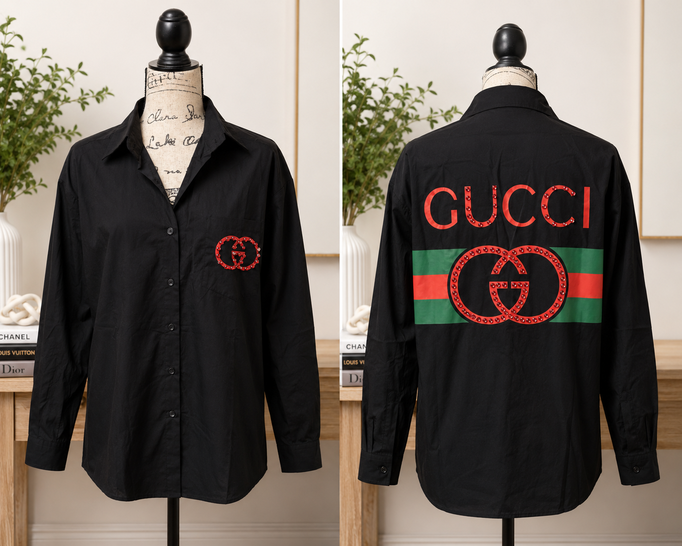 Black long sleeve GG shirt with a red white stones