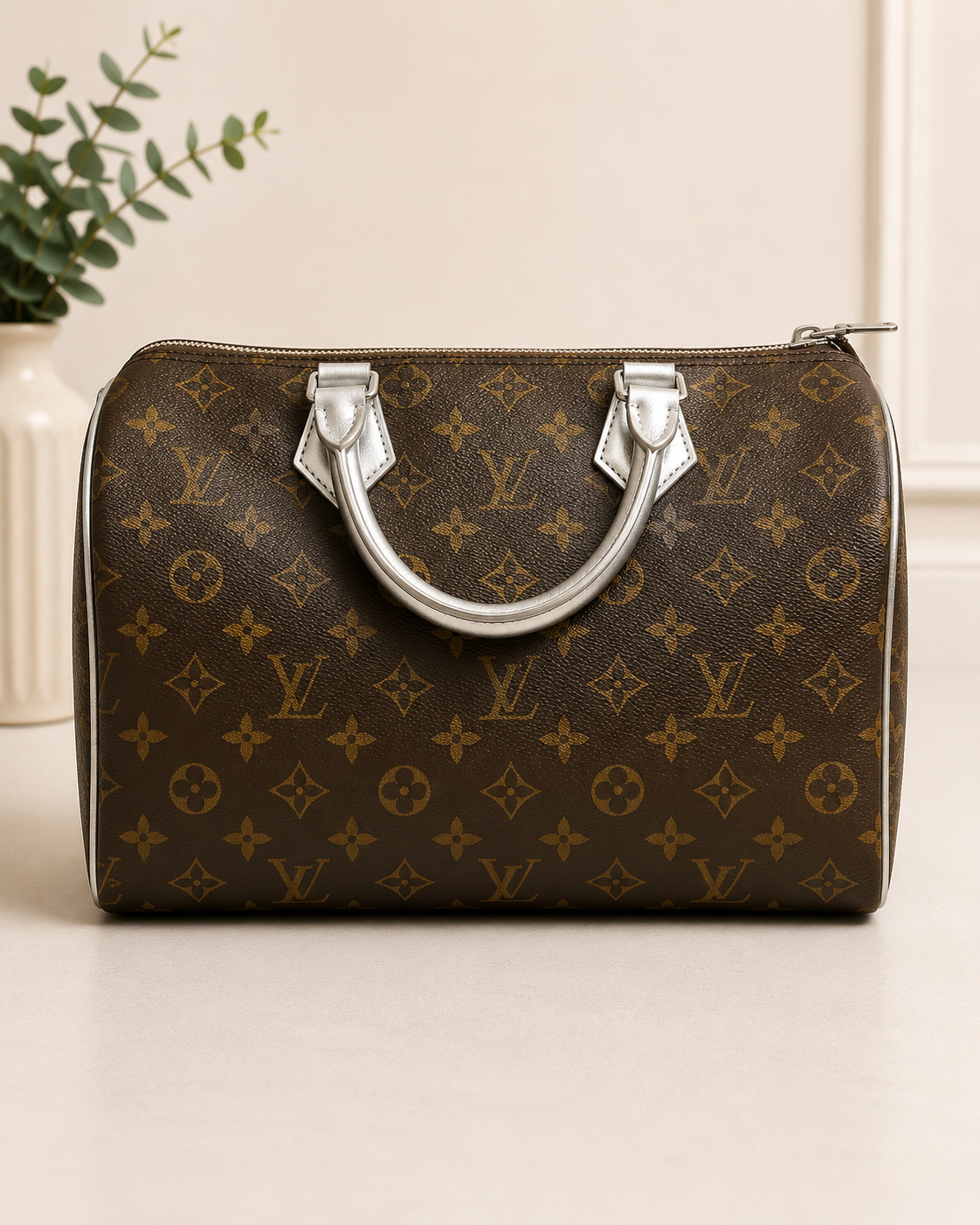 Brown and Silver LV Speedy 12 inches