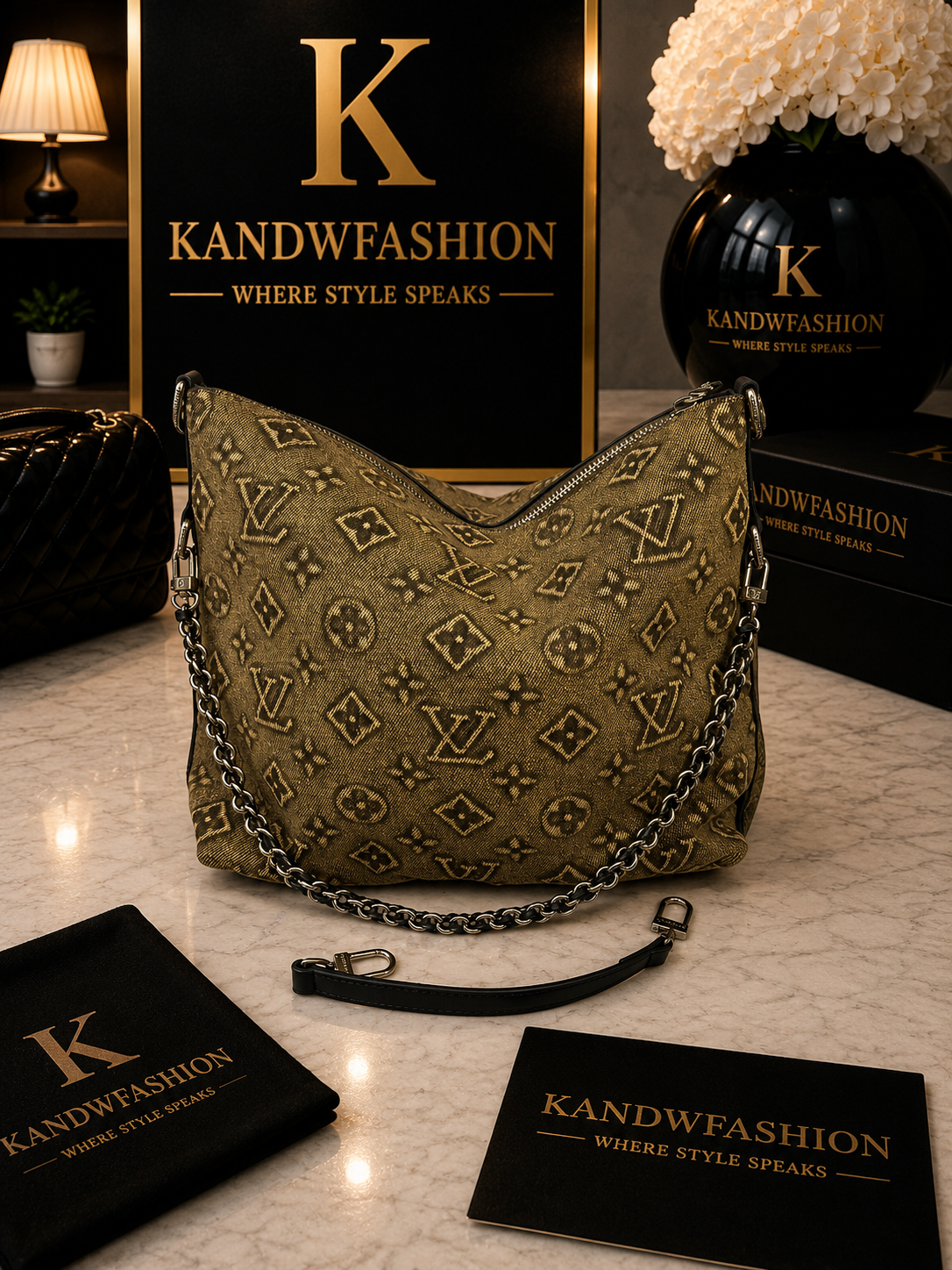 Tan and black jean, LV bag